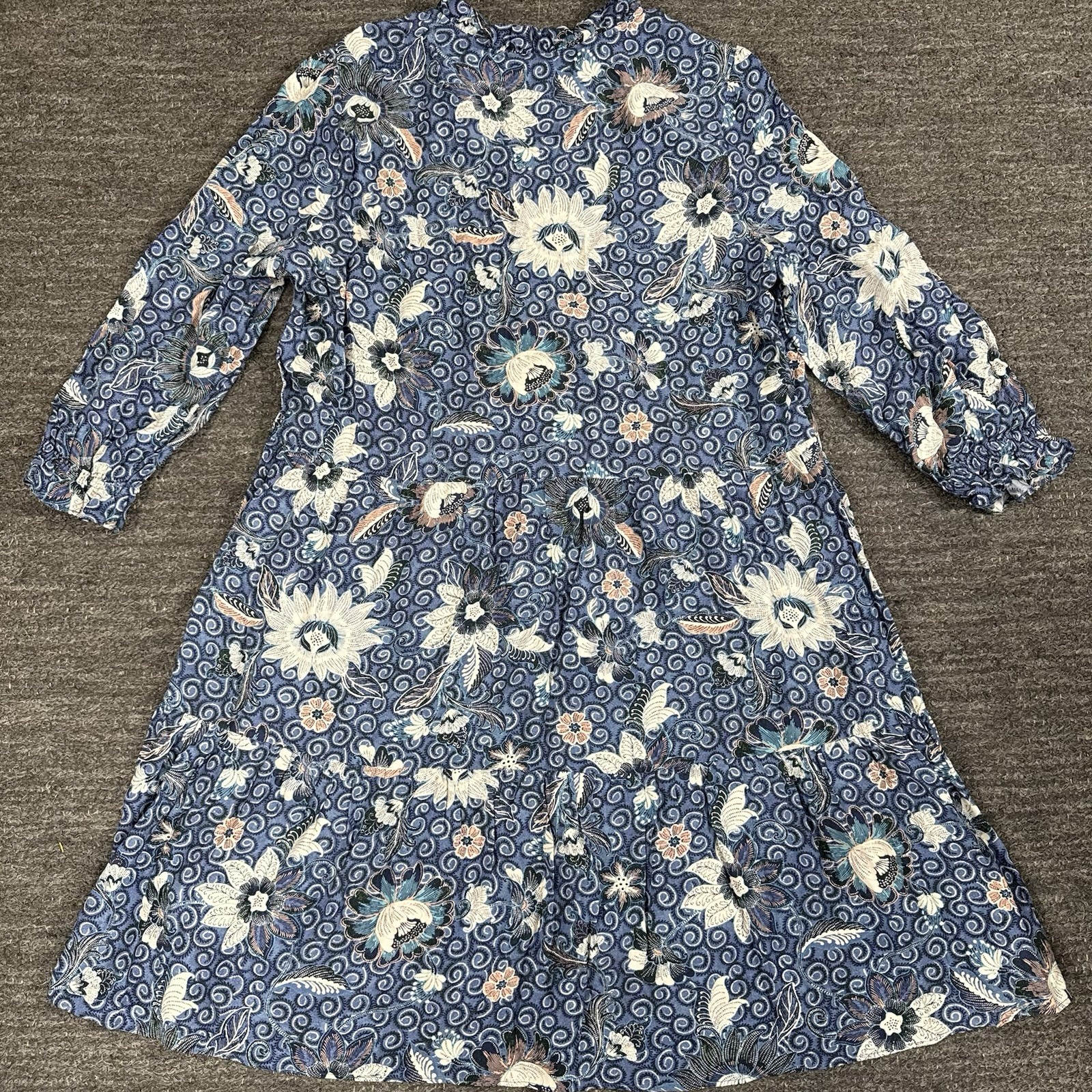 LOFT Dahlia Ruffle Button Mini Dress Women Large Blue Floral Print Tiered Boho