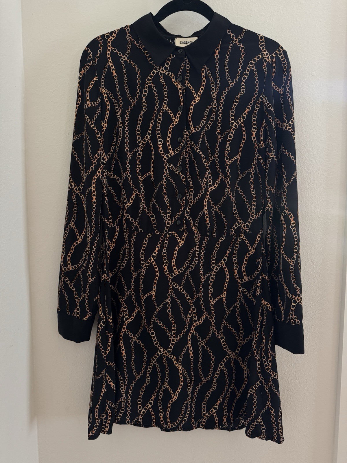 L’AGENCE Black/Gold Chain Print Silk Collared Long Sleeve Shirt Dress Size 6