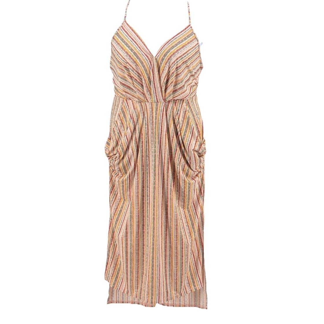 BCBGeneration Womens Multi Color Striped V-Neck Midi Dress Slouch Pockets Size L