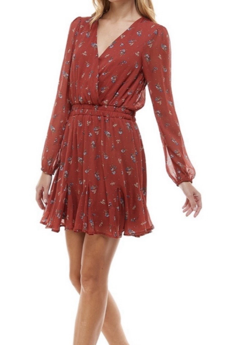 Francesca’s Trixxi Floral Blouson Dress Sz M Godet Hem Brick Red Party Modern