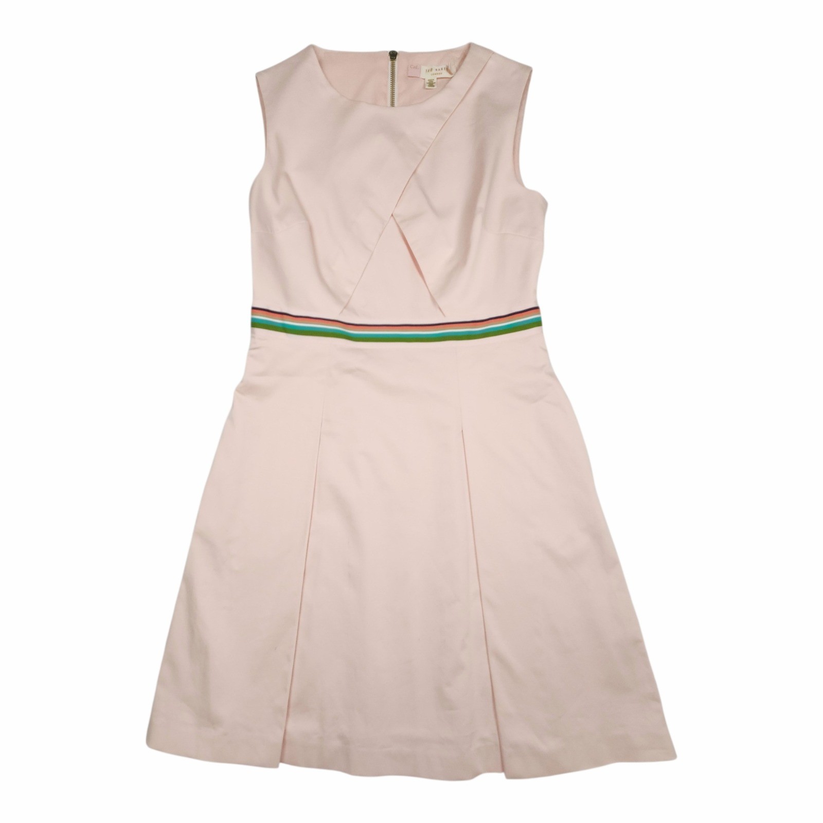 Ted Baker Dress Size 2 Pink Sleeveless Striped Waist Pleated A-Line Mini Chic