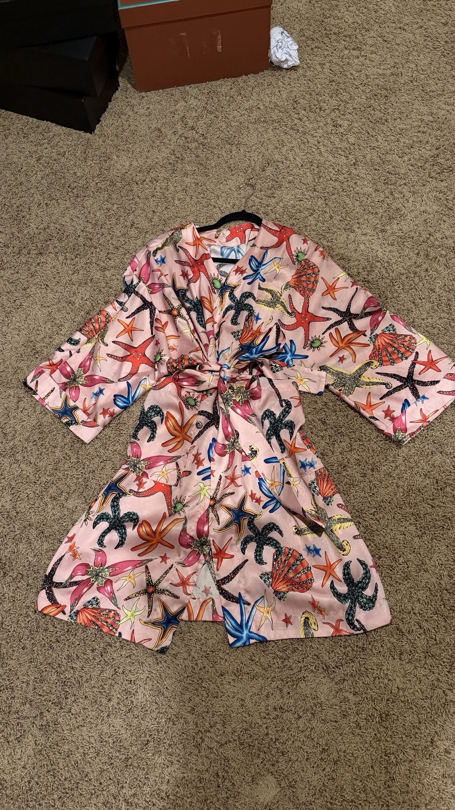 Made in Italy Pink Starfish Seashell Wrap Dress Belted Satin Look Size L Resort