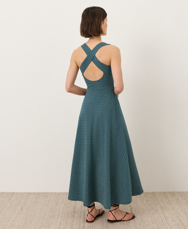 PACT Organic Fit & Flare Open Back Maxi Dress Ditsy Dot Floral Deep Aqua