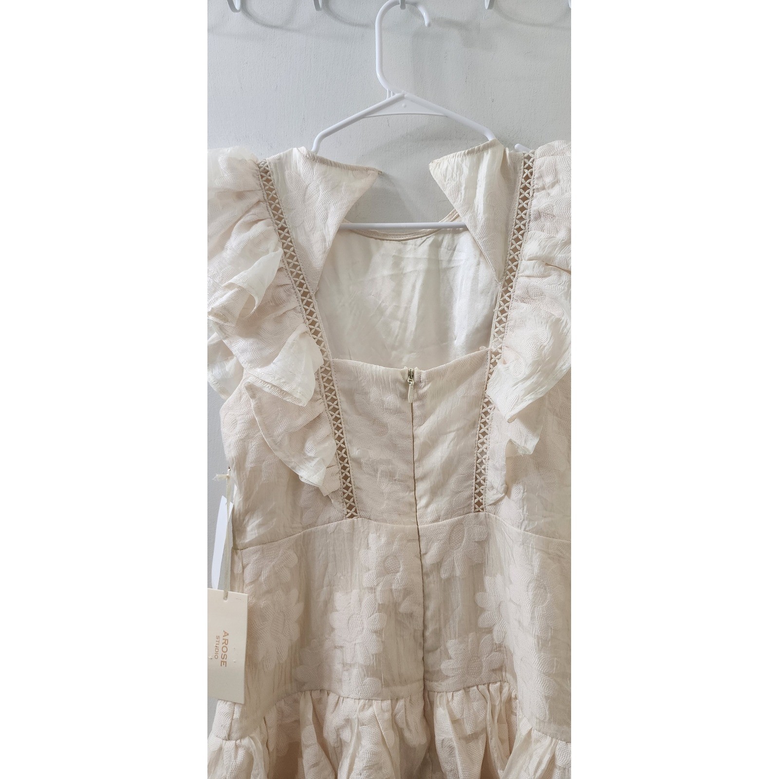 Arose Studio Cream Floral Jacquard Ruffle Mini Dress Medium NWT Ladder Lace Trim