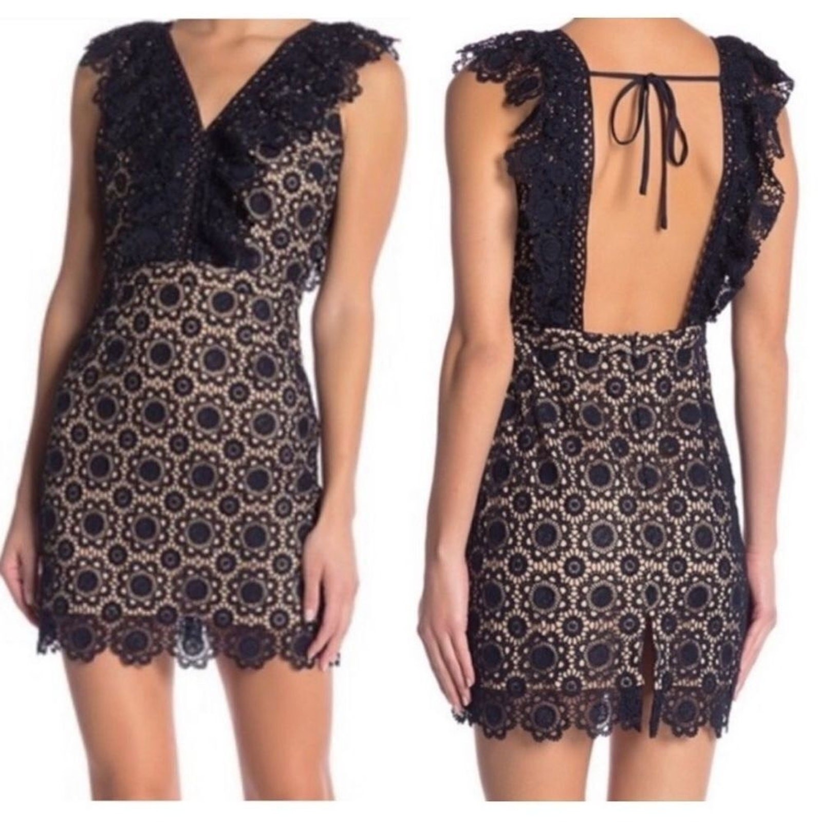 J.O.A. Navy Blue Tan Crochet‎ Lace Open Back Dress Womens M