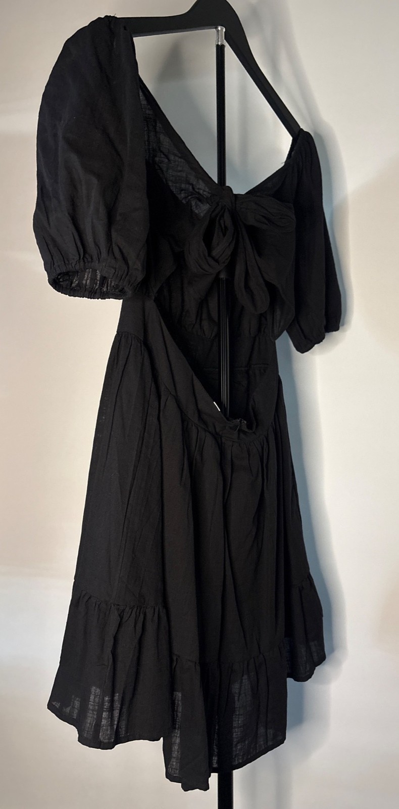 SHEIN Midi Black Backless Cut Out Puff Sleeve Tie Back Smocked Waist Ruffled Hem