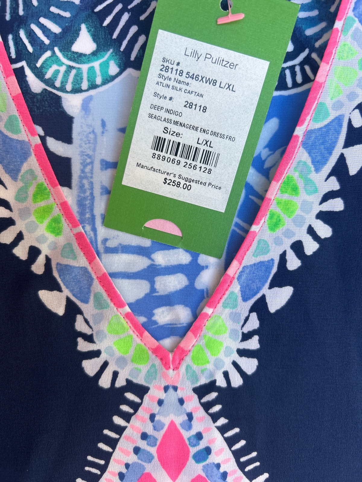 Lilly Pulitzer Atlin Silk Caftan Seaglass Menagerie Indigo L/XL NWT (09050D)