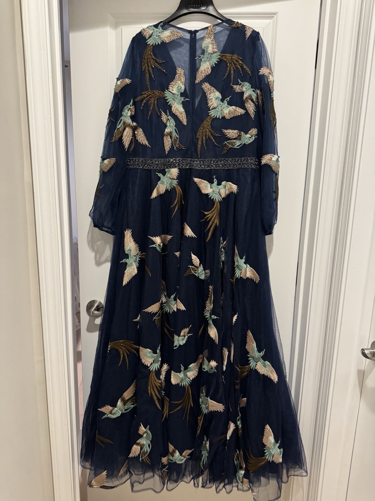 Jovani Navy Blue Long Sleeve Tulle Gown With Detailed Bird Embroidery size 22