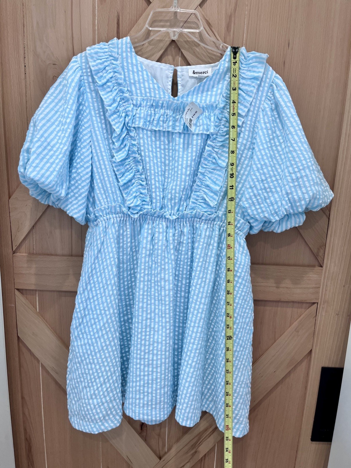 NWT Merci Aqua White Large Smock Ruffle Puff Sleeve Seersucker Dress Coastal