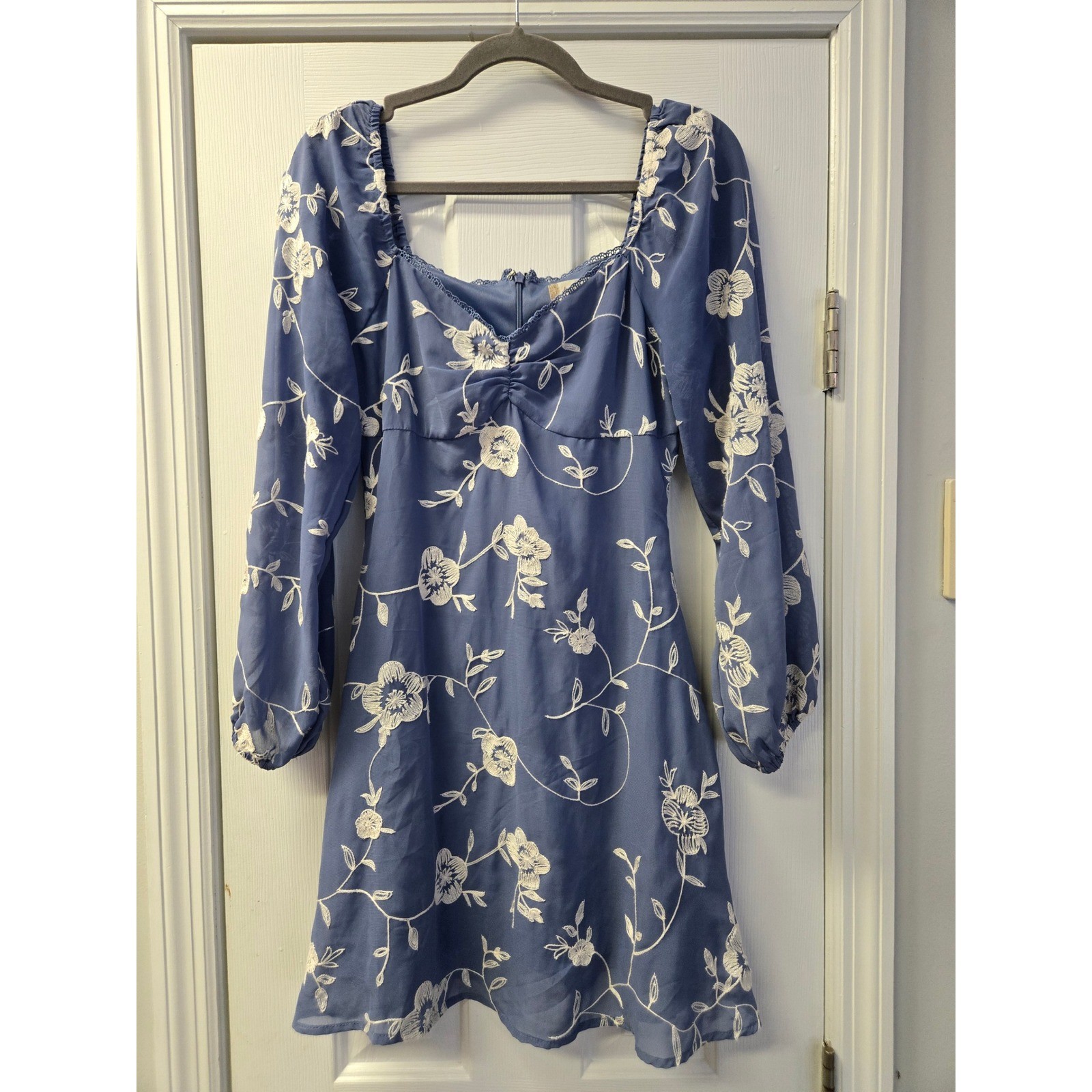 Blue Floral Embroidered Mini Dress Balloon Sleeve S Fairycore Soft Coquette