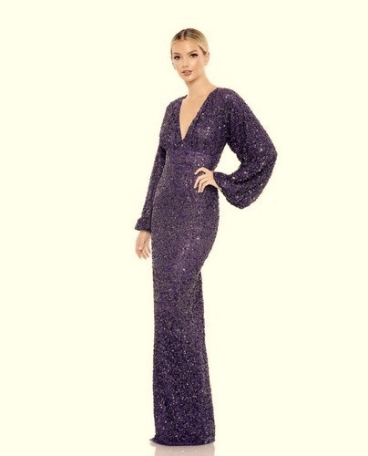 Mac Duggal Amethyst Purple Sequin Bishop Sleeve Gown Size 16 $498
