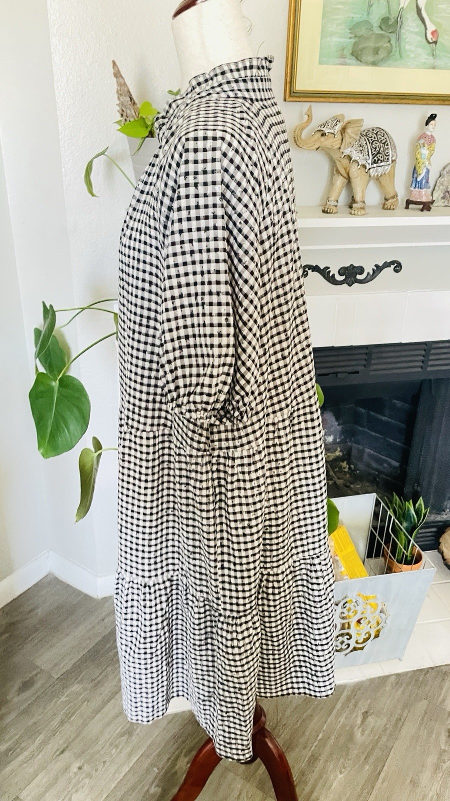 CeCe Black White 2X Gingham Tiered Midi Dress PuffSleeve Cottagecore Prairie