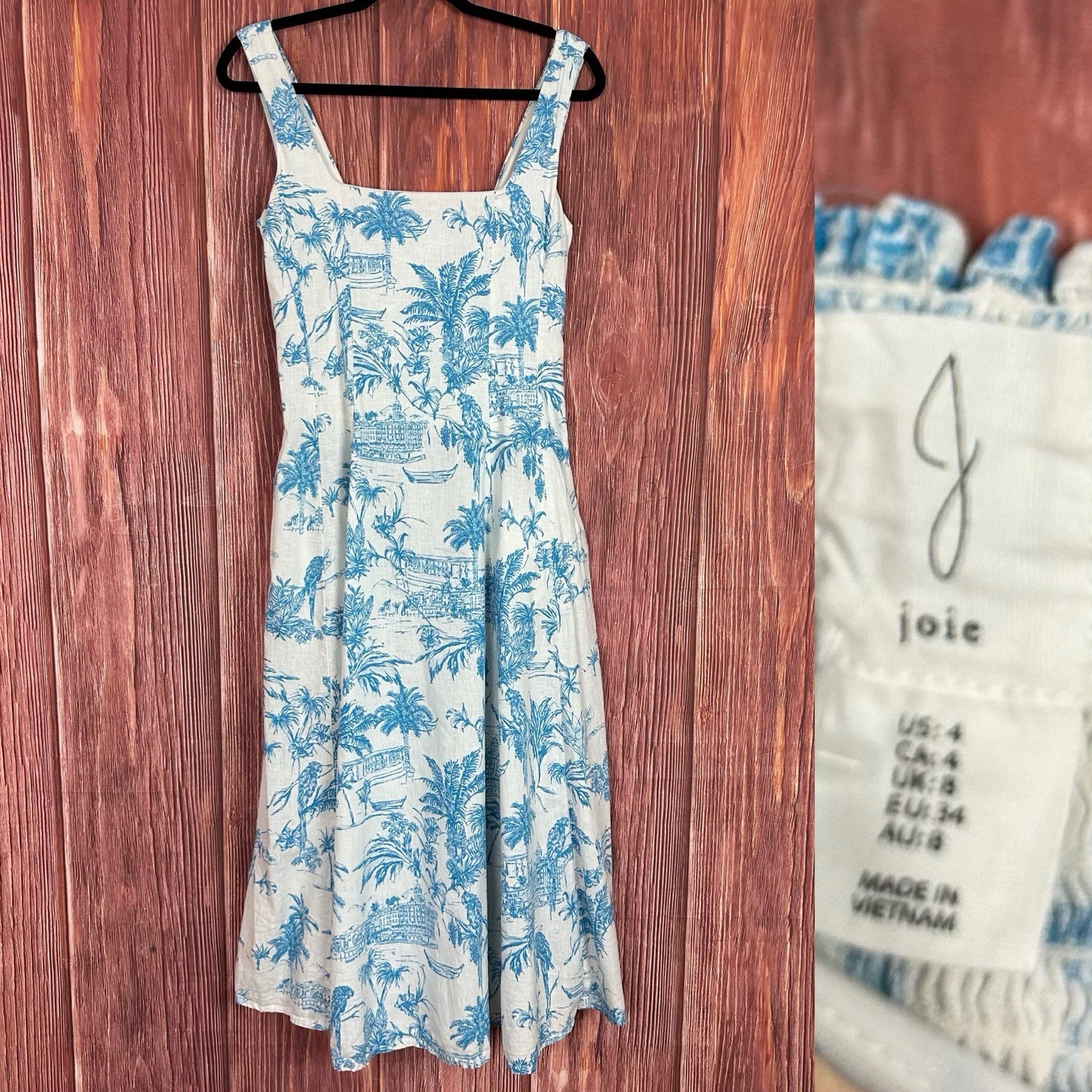 Joie Blue White Palm Tree Print Linen Blend Square Neck Midi Dress US 4 Resort