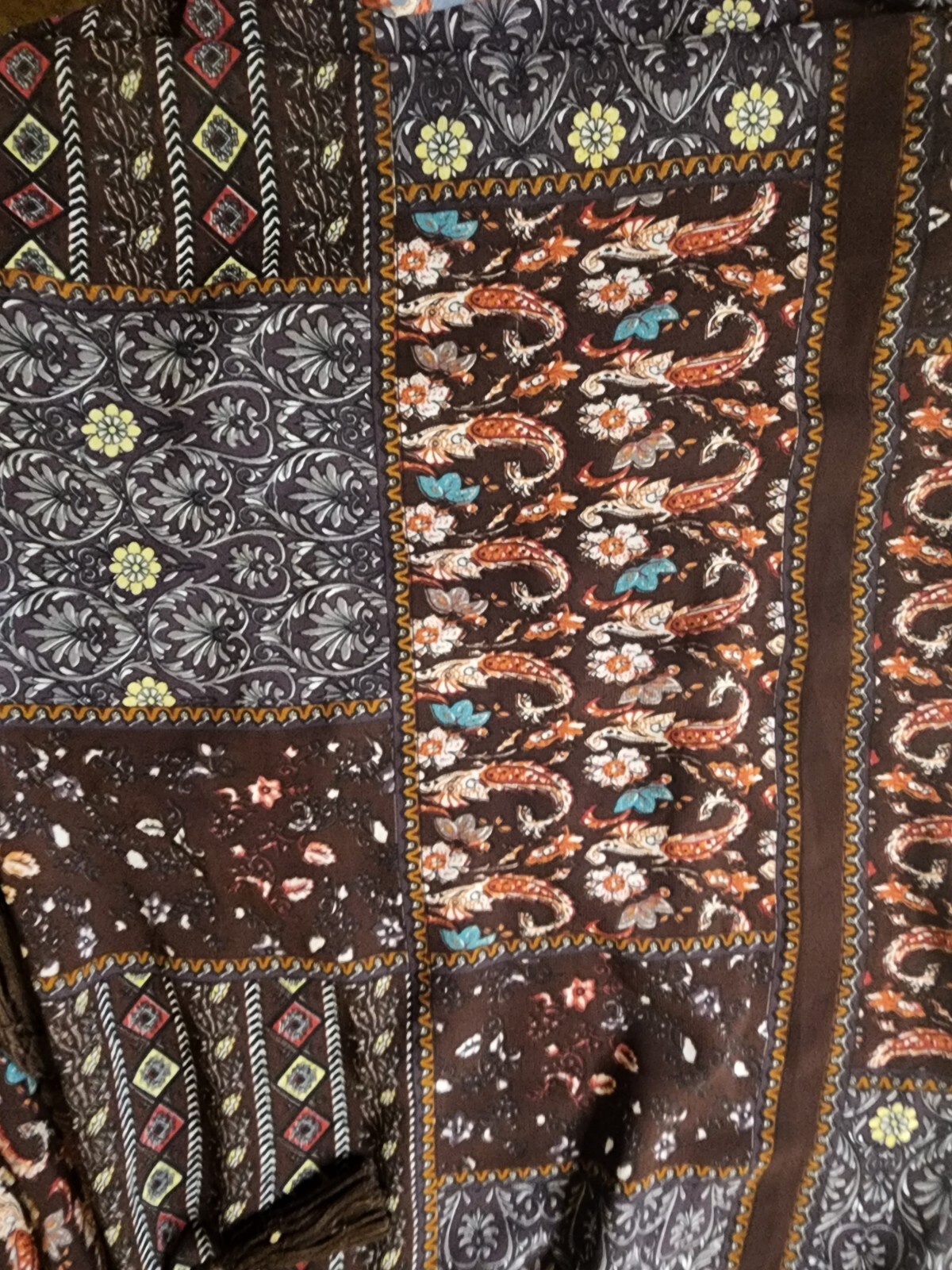 Bow + Arrow Boho Peasant Dress Brown Patchwork Sheer Lace Tassels Women’s S EUC