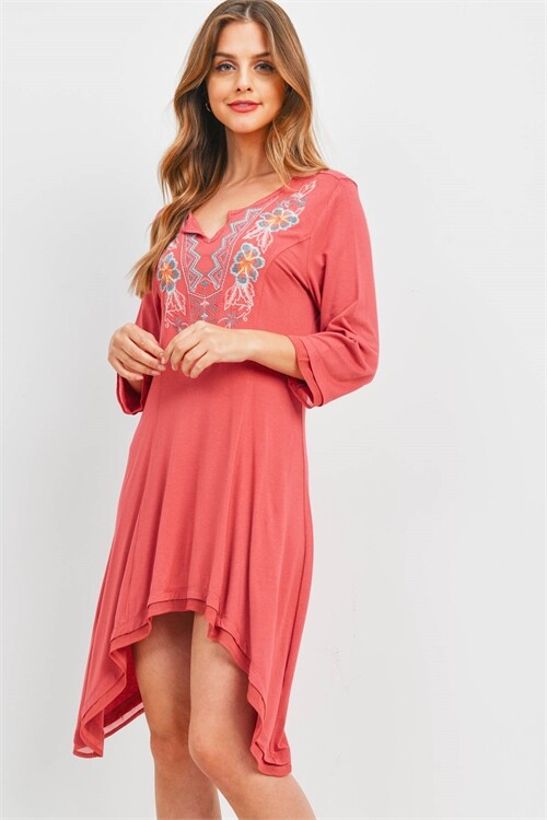 Raspberry Red Embroidered Boho Dress Size Medium Asymmetrical Hem