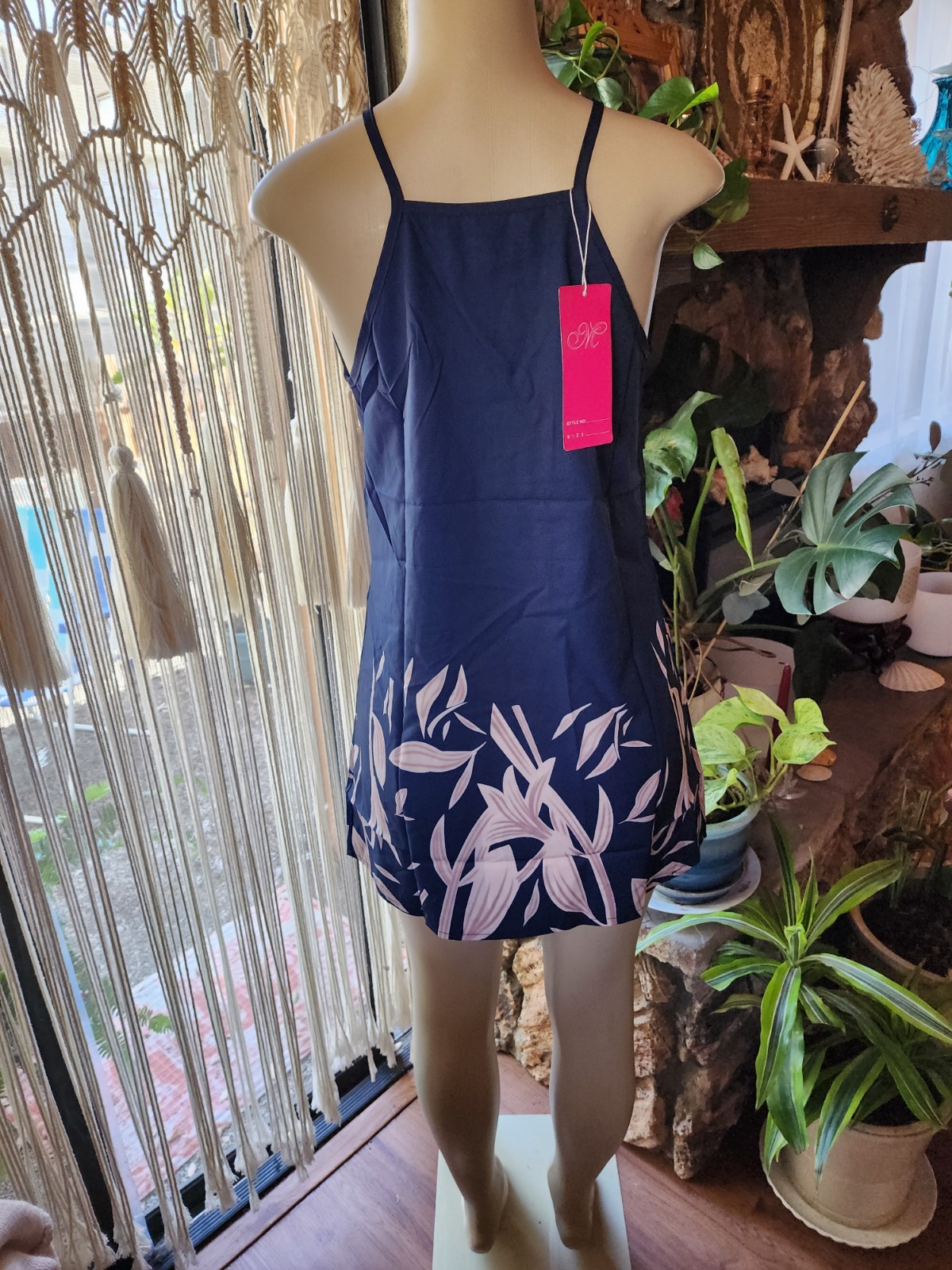 Women’s Size M Navy Blue Halter Mini Dress Gold Hardware Tropical Print NWT
