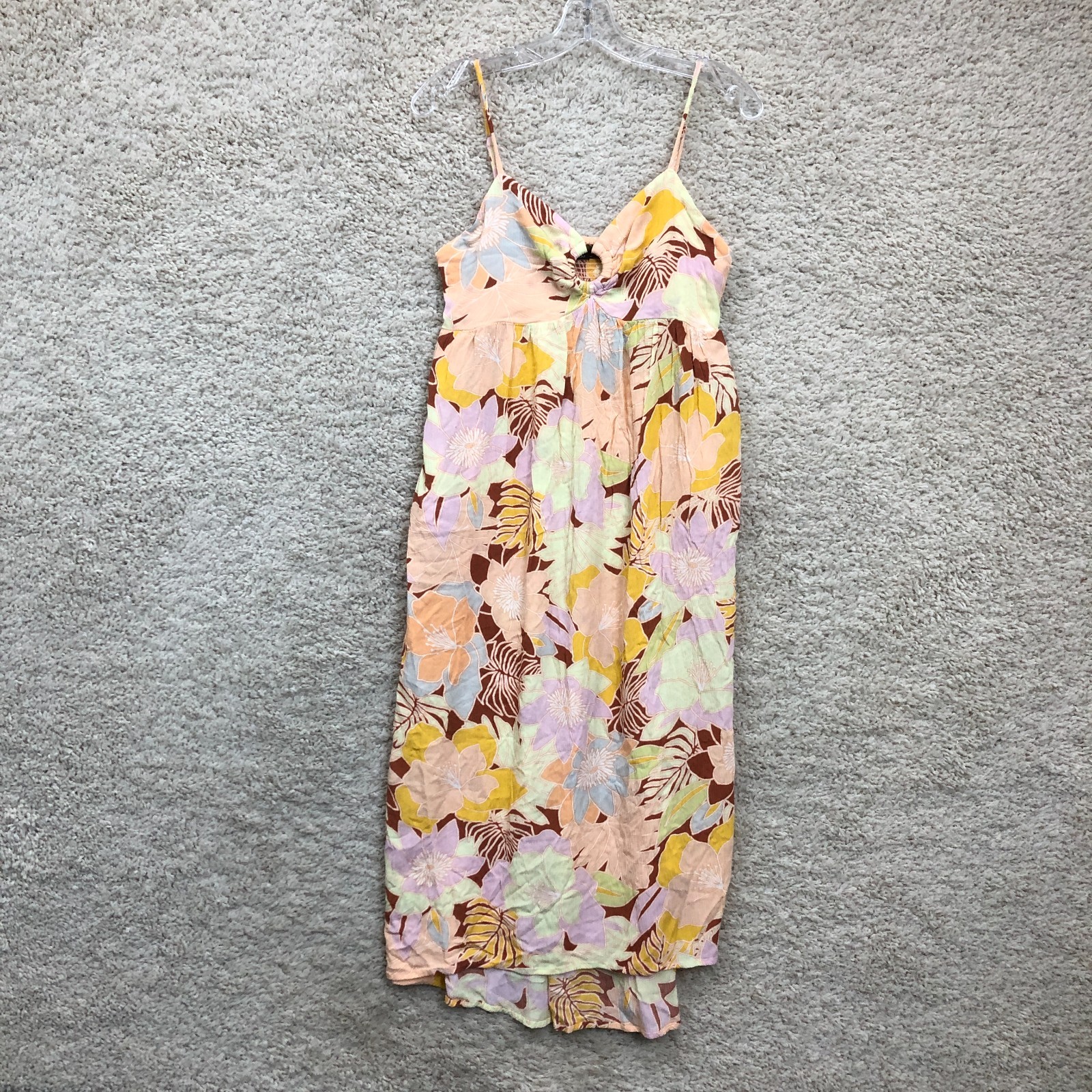 Volcom Dress 8 Womens Yellow Oh Lei Floral Midi A Line V Neck Smocked Sundress