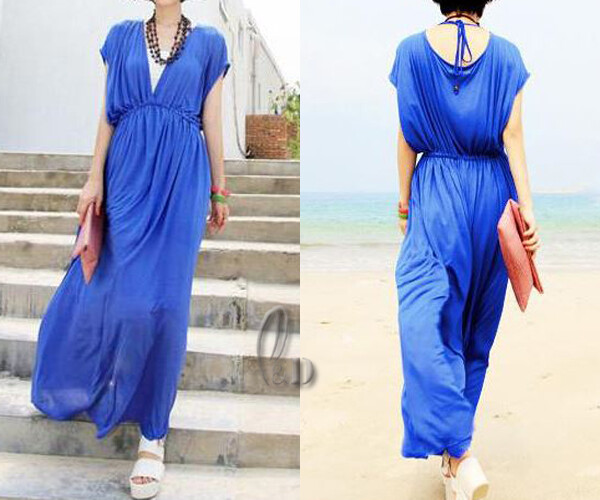 AU STOCK ROYAL BLUE SILK COTTON COCKTAIL PARTY LONG DRESS BEACH COVER UP DR162