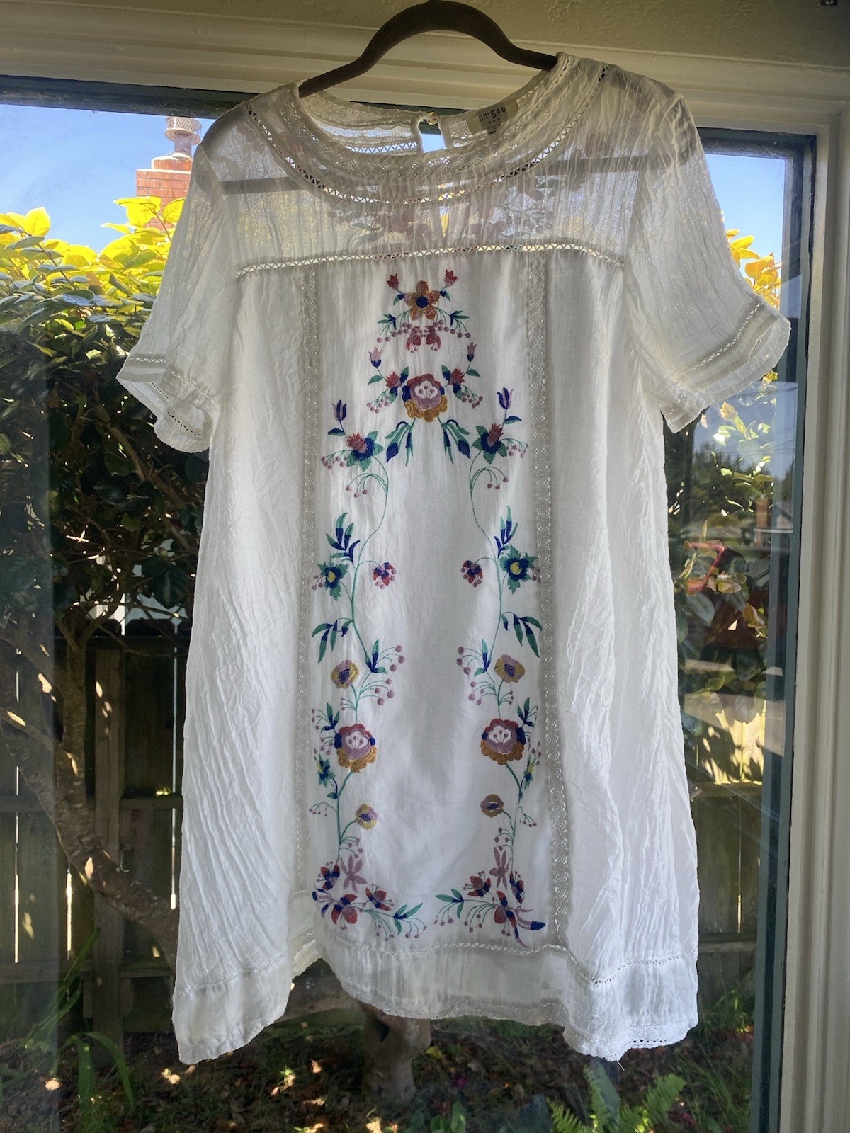 UMGEE White Floral Embroidered Lace Dress Victorian cowgirl boho prairie Large