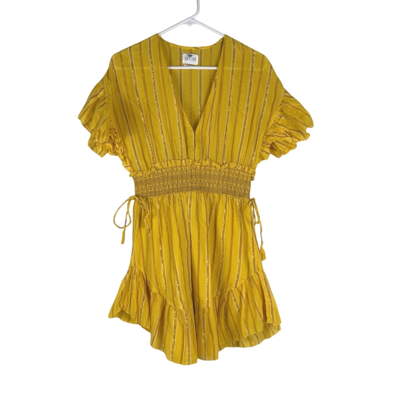Saylor Womens S Dress Cotton Yellow Gold Striped Boho Smocked Ruffle Mini Summer