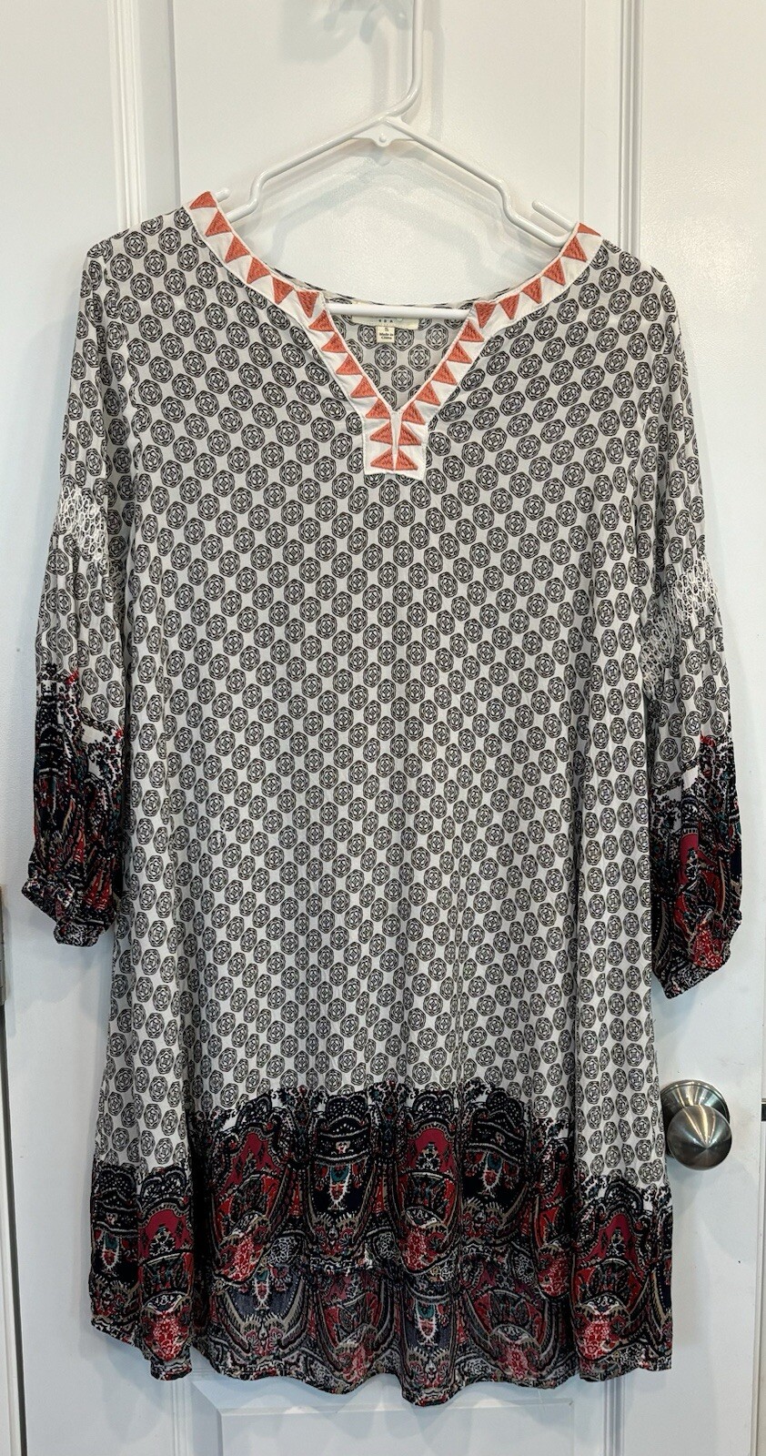 UMGEE Womens Dress Small VNeck 3/4 Sleeve Bohemian Whimsical Peasant Folk Tribal