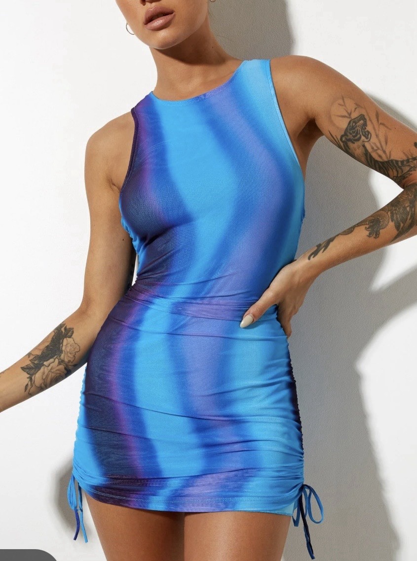 Motel Rocks Ardilla Blue Wavy Print Bodycon Side Ruched Stretch Mini Dress Sz M