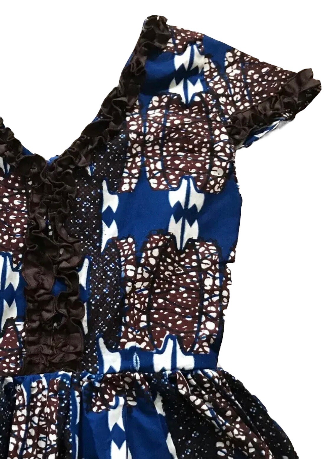 Handmade Dutch Wax Print Short Sleeve Dress Fit and Flare Small S XS Blue Brown