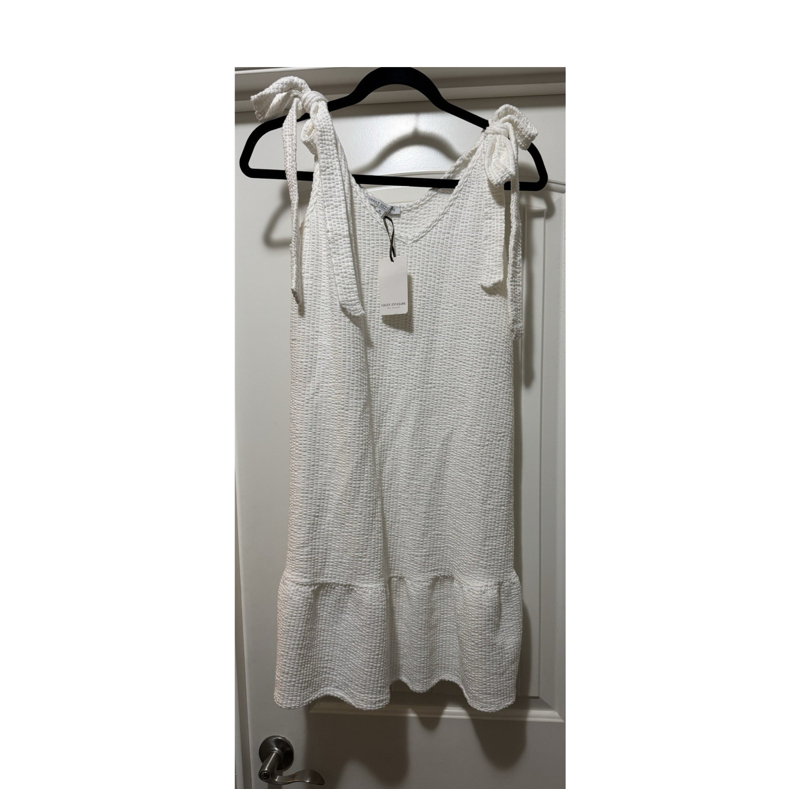 Green Envelope White V-Neck Tie Strap Sleeveless Sundress Bow Accent Size M