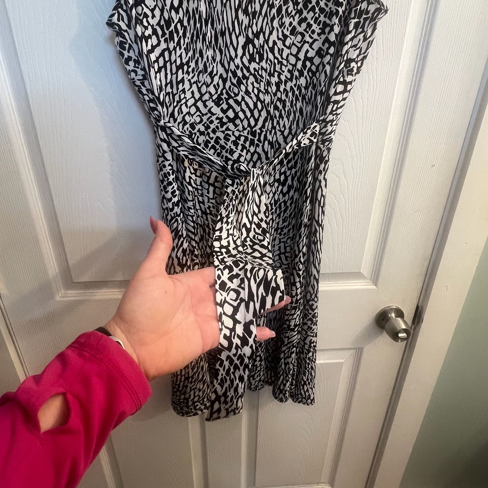 Studio One New York Back and Off White Animal Print Faux Wrap Midi Dress