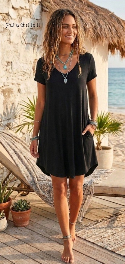 USA Boho New Women’s Black Blue Olive Relaxed Loose Fit Dress Pockets S M L XL