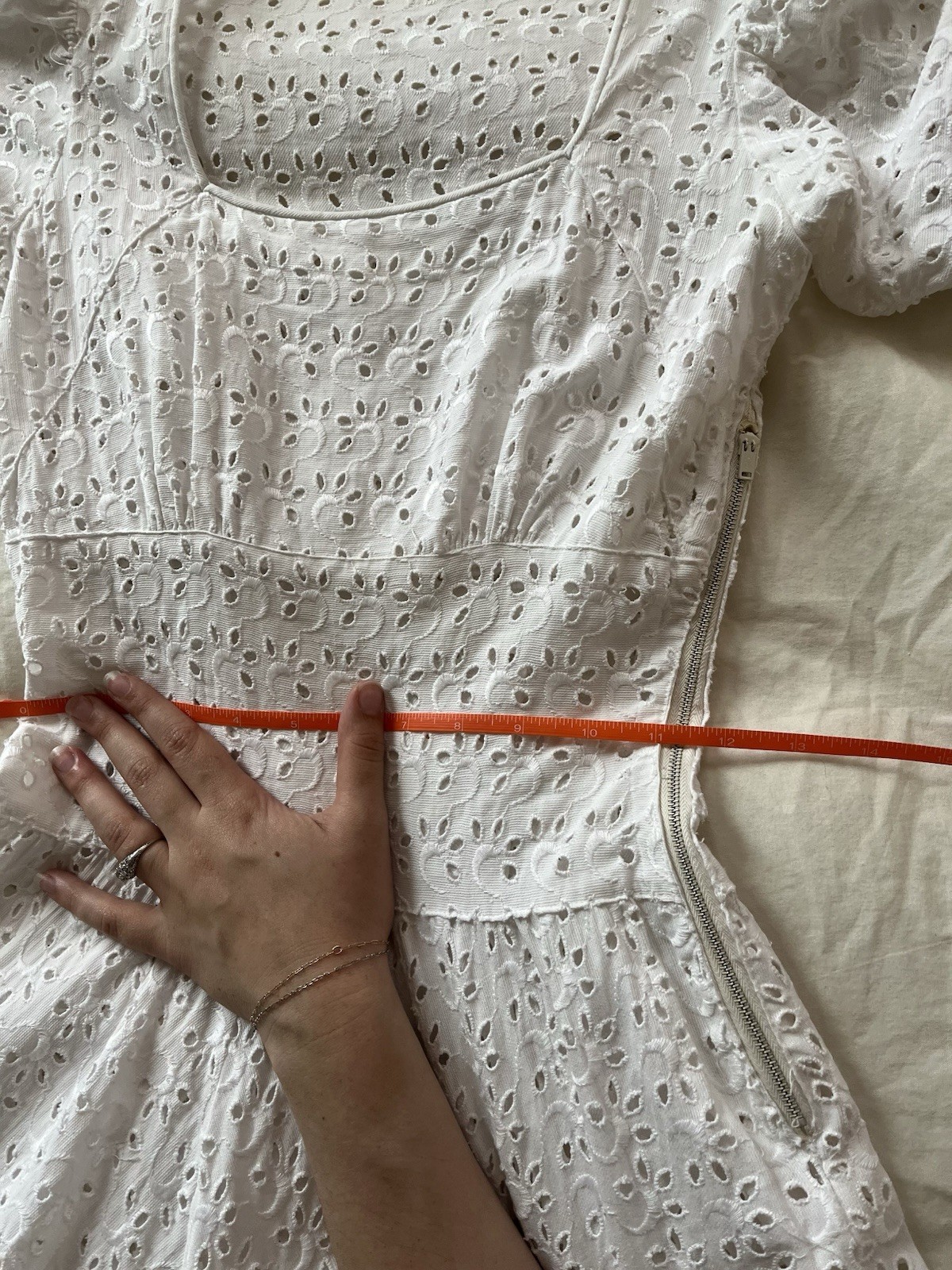 1950s true vintage white eyelet puff sleeve square neck lined midi dress XS