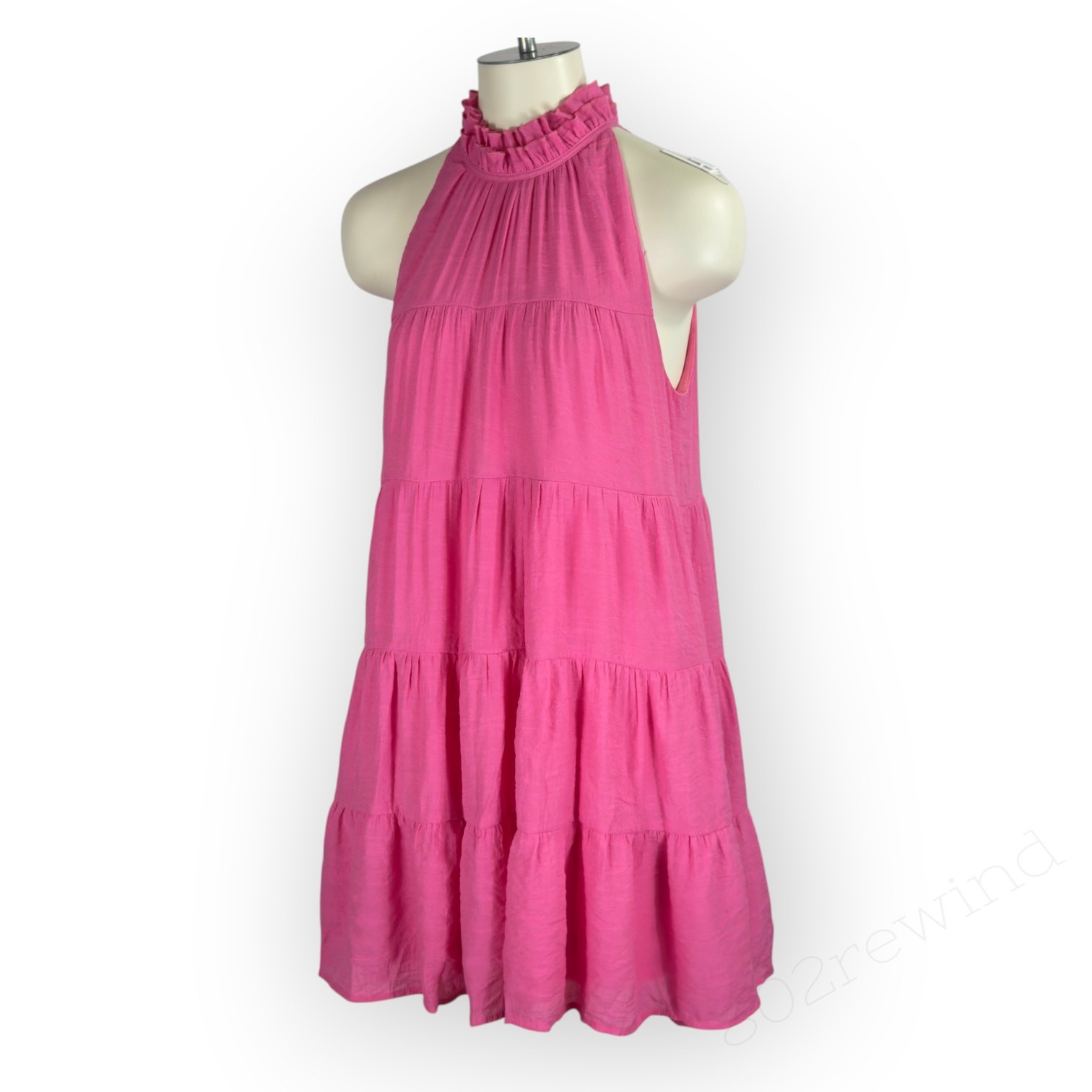 Entro Mini Dress Hot Pink Tiered Halter High-Neck Tie-Back Trapeze Sleeveless Lg