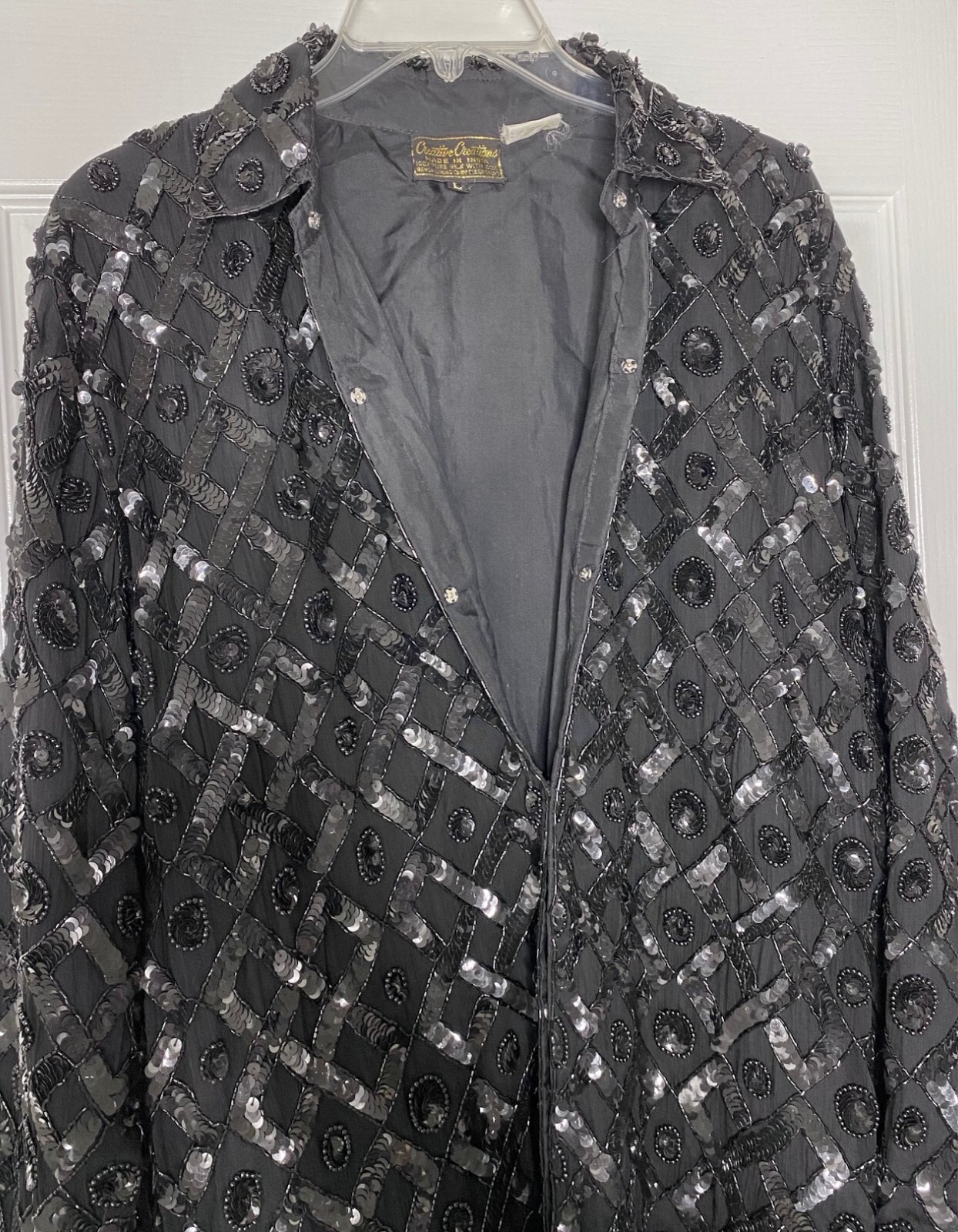 Creative Creations Black Sequin Beaded Embellished Silk Shirt-Dress Jacket LARGE