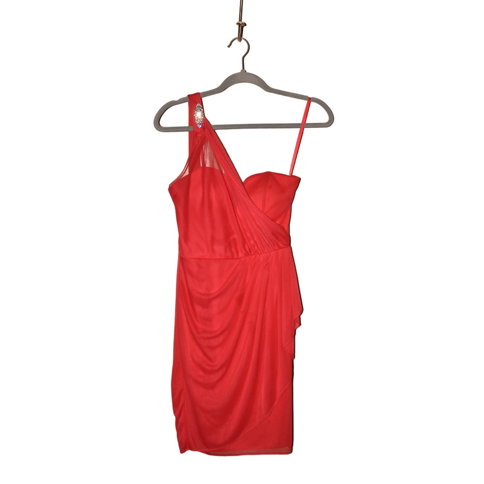 CACHE $148 Brooch Strap One Shoulder Mesh Cocktail Dress Red Size 6
