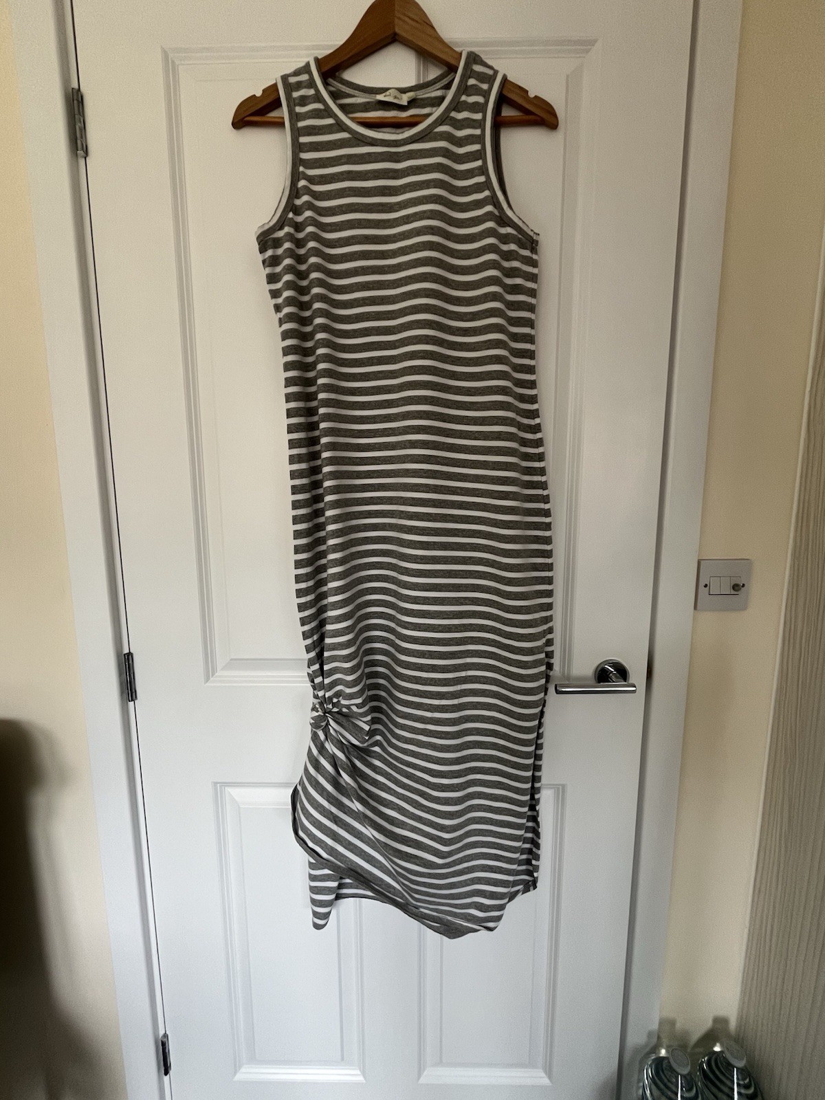 RD Style Grey Stripe Maxi Dress 100% Cotton Side Split Size M/M UK 12-14