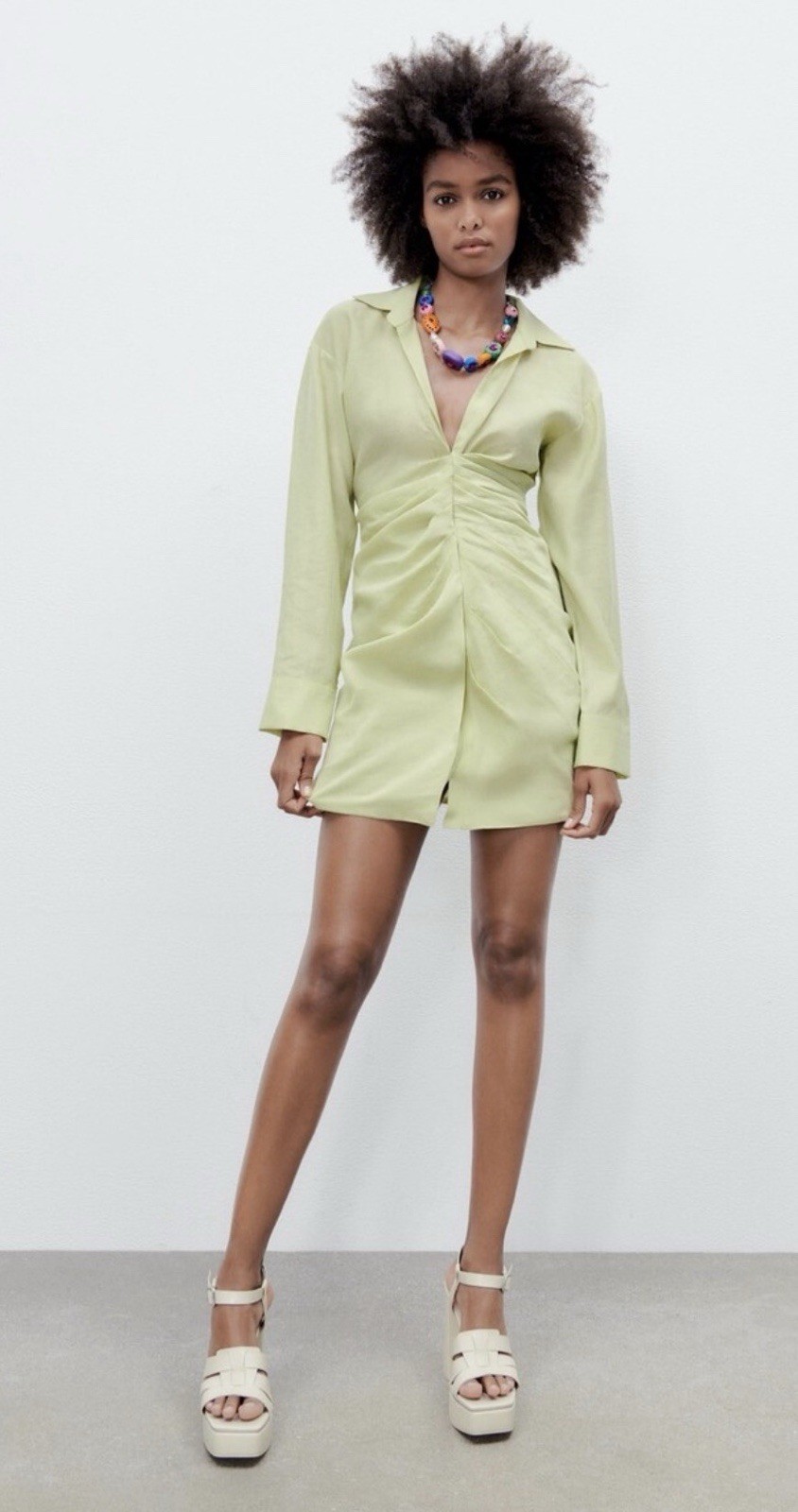 Zara Lime Green Shirt Style Dress Size S. Small Hole By The Zipper (see Picture)