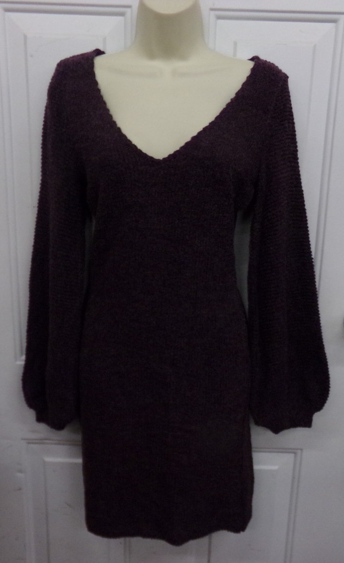Sadie & Sage Eggplant Purple Long Sleeve V-Neck Rib Knit Dress Womens Sz S NEW