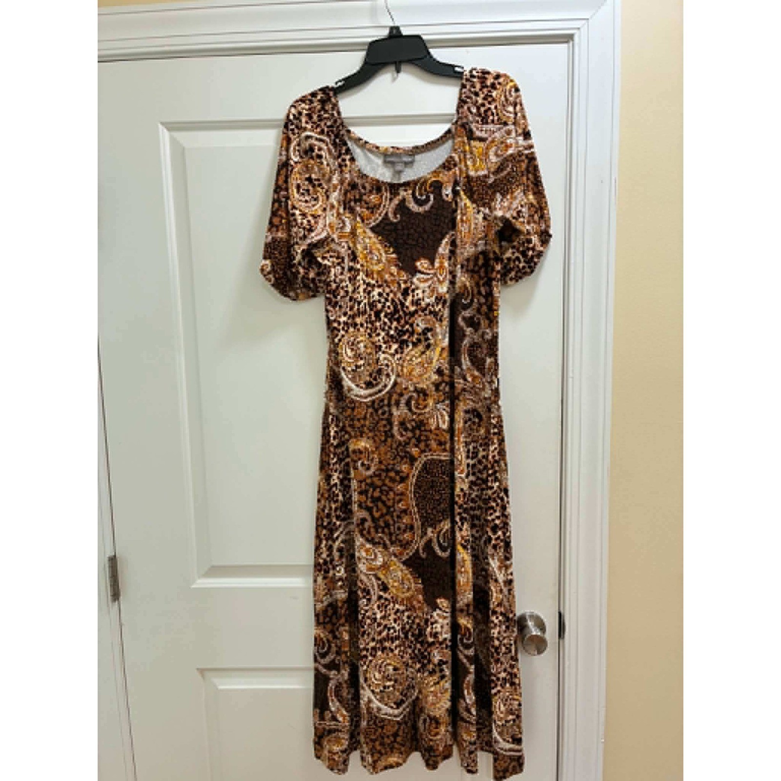 Jessica London Womens 14W Animal Print Paisley Midi Dress Brown Gold 3/4 Sleeve