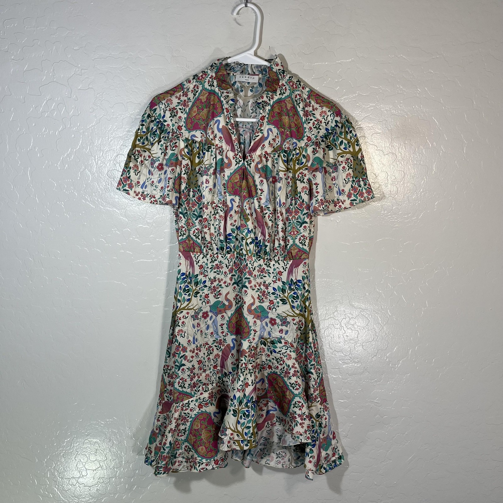 Sandro Dress Womens 34 Multicolor Floral Ruffle Fit Flare Short Sleeve Boho