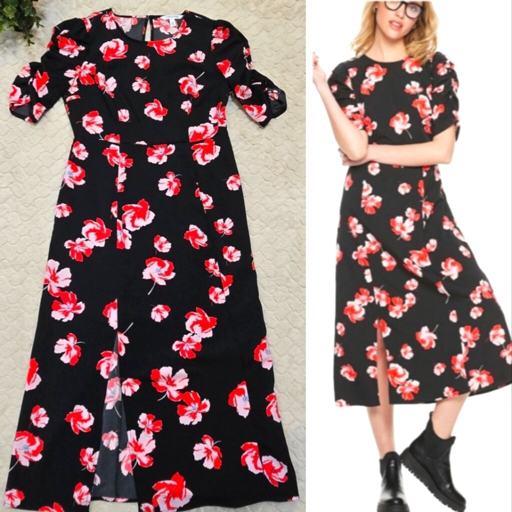 POPSUGAR Black and Red Floral Midi-Dress, Size Medium