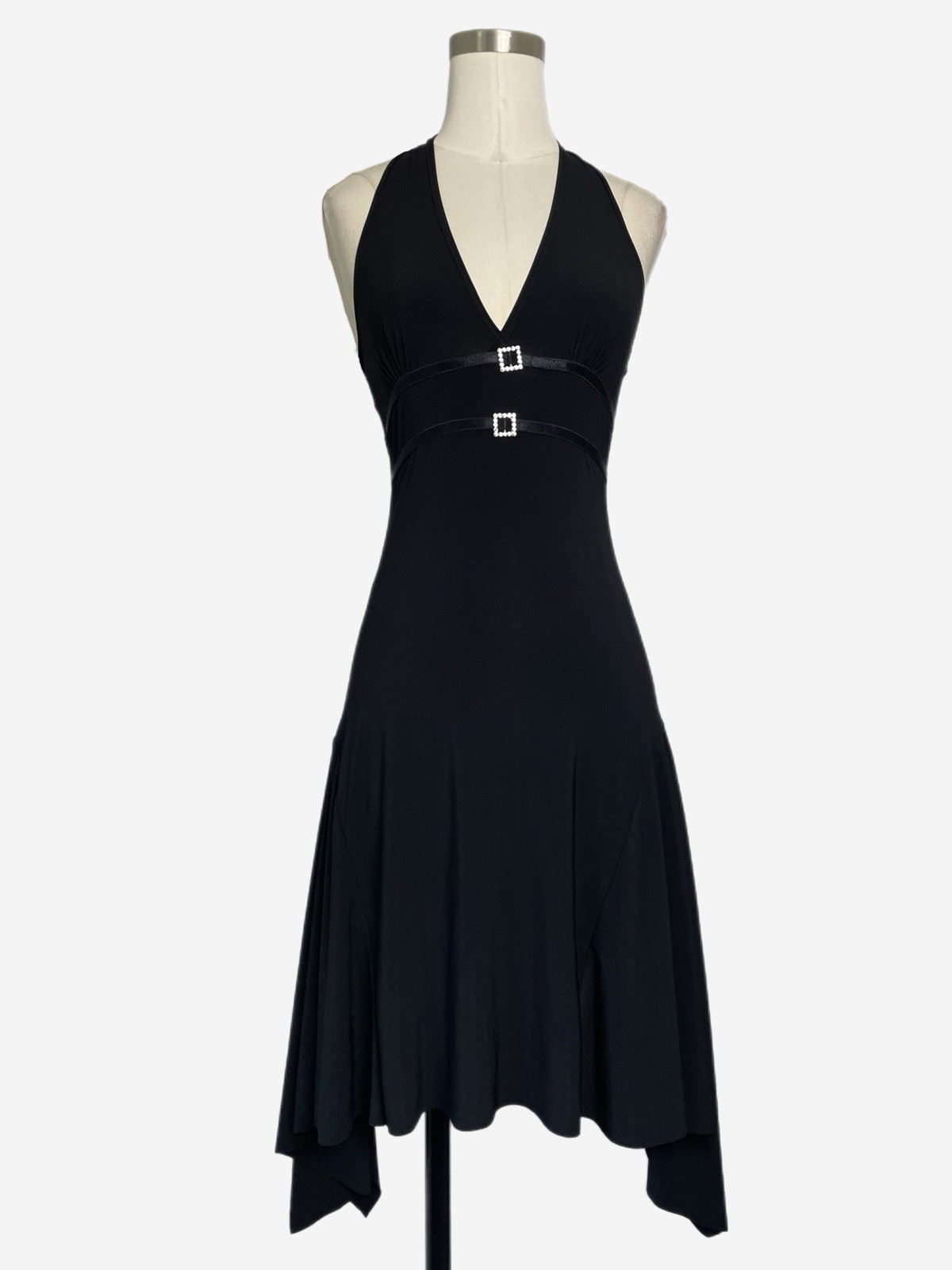 Vintage Y2K Carolina Black asymmetric halter rhinestone midi dress stretch XS