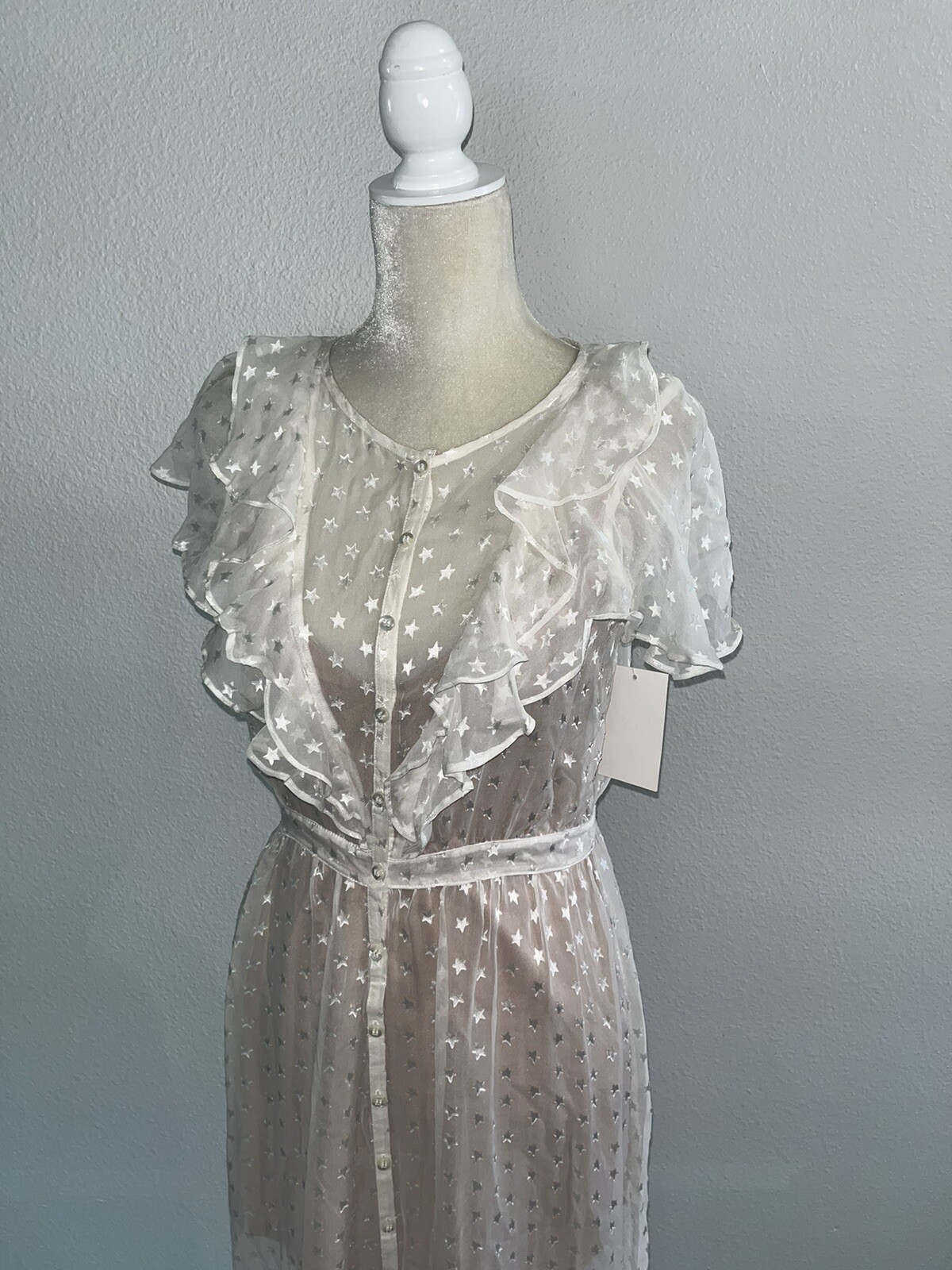FOR LOVE AND LEMONS Firecracker Button Ruffle Midi Dress Cream Sheer Star S New