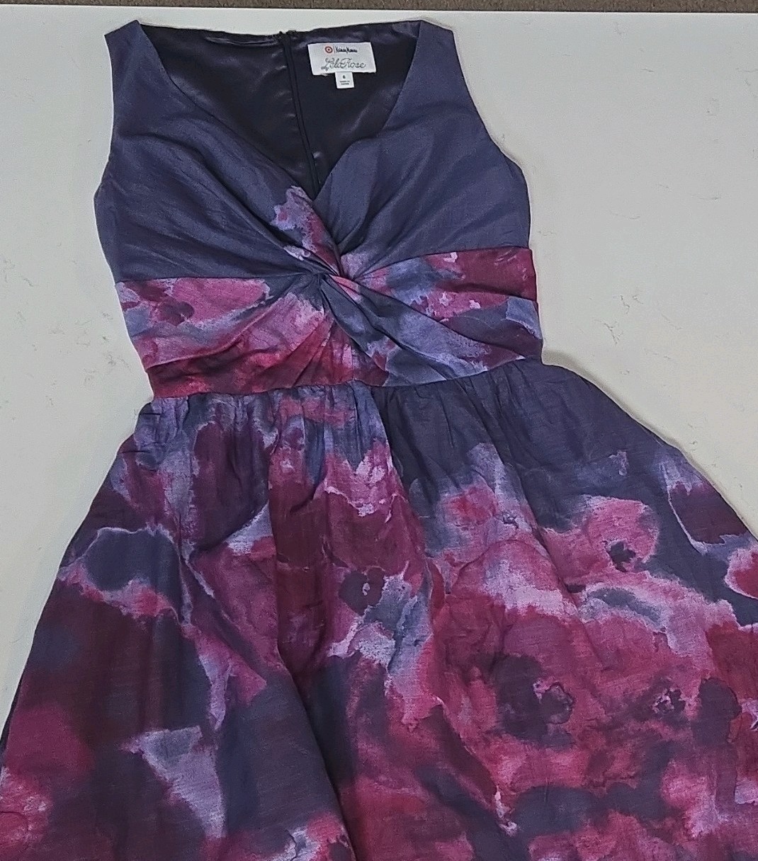 Lela Rose V-Neck Sleeveless Fit & Flare Hi-Low Lined Zip Dress Floral 6