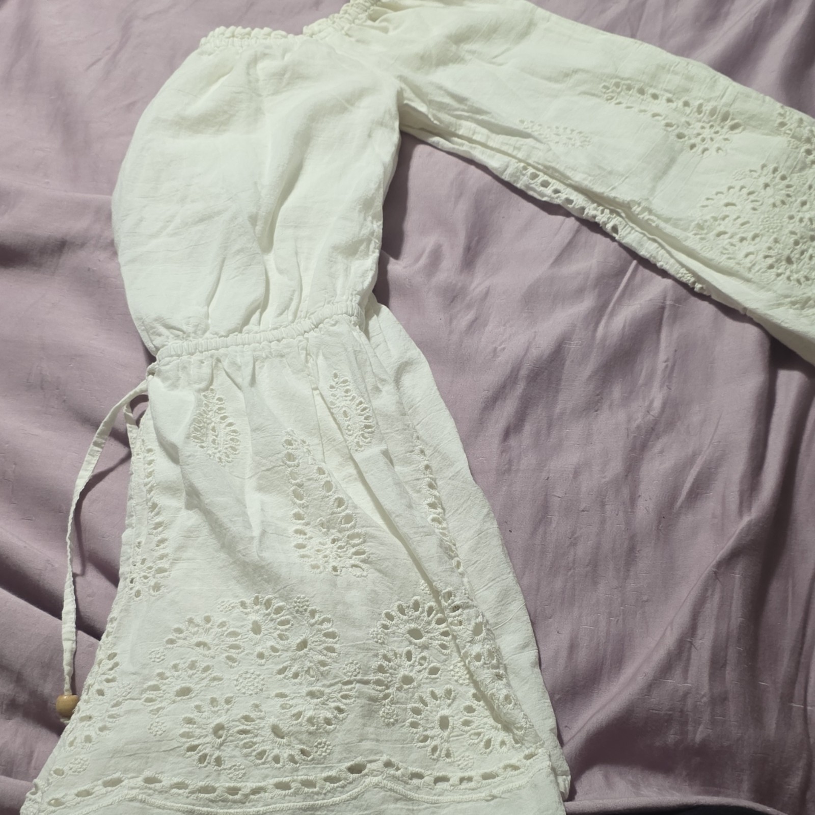 Shein White Off Shoulder Eyelet Embroidered Puff Sleeve Dress M