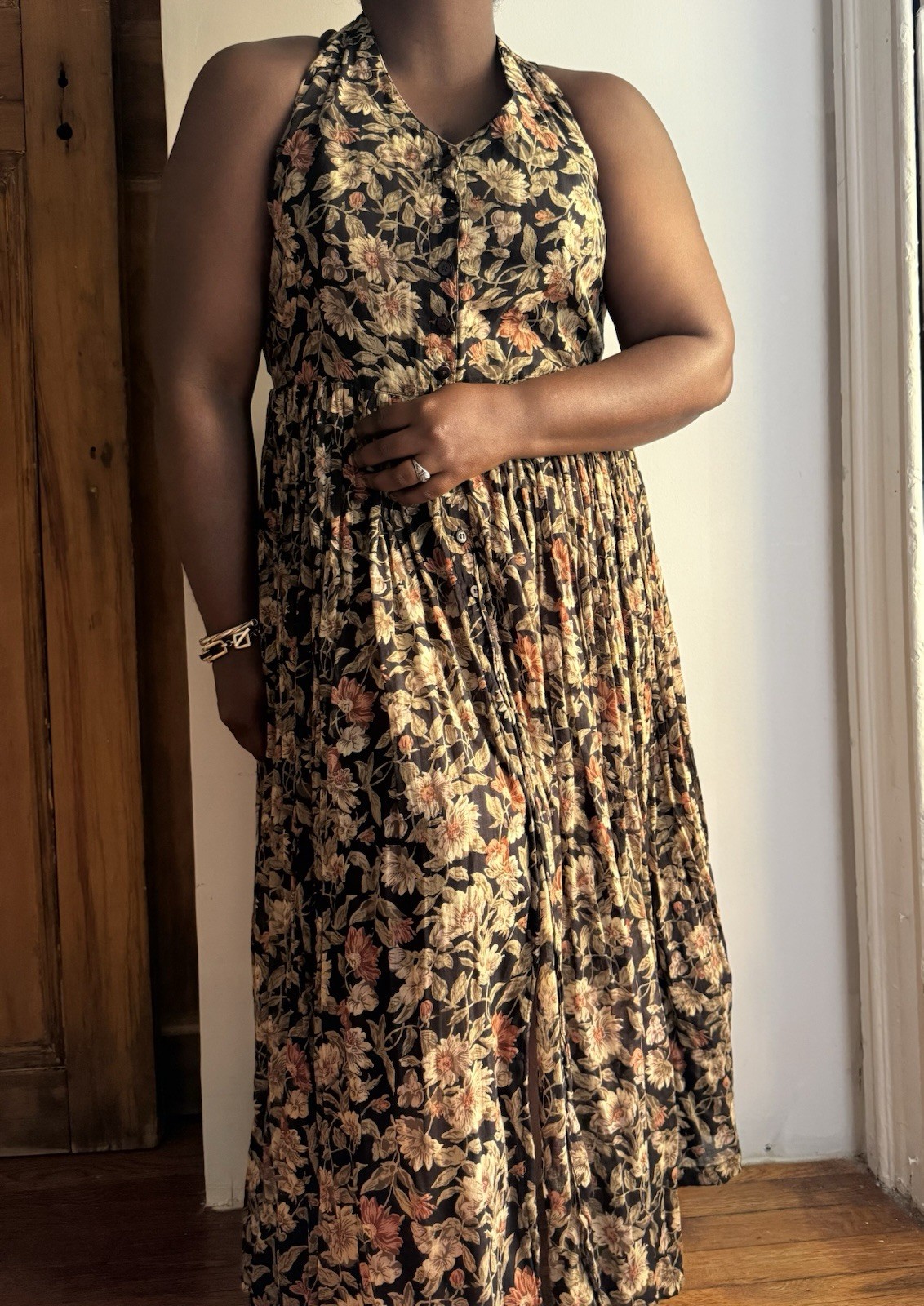 S. Roberts 90s Floral V-Neck Button Front Maxi Dress 100% Cotton Pleated M