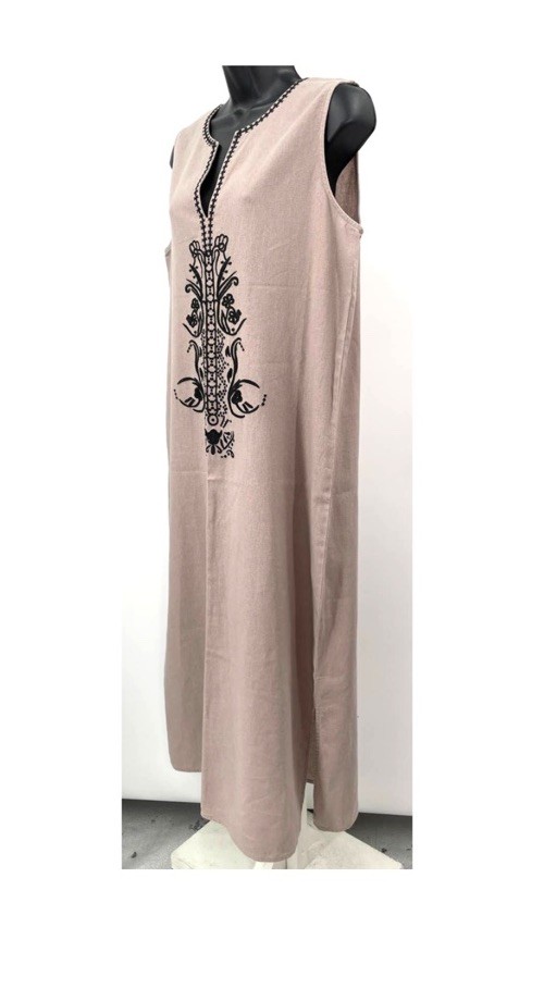 Cynthia Sleeveless Linen Shift Dress Beige/Black Embroidery sz. L/XL NWOT $ 145