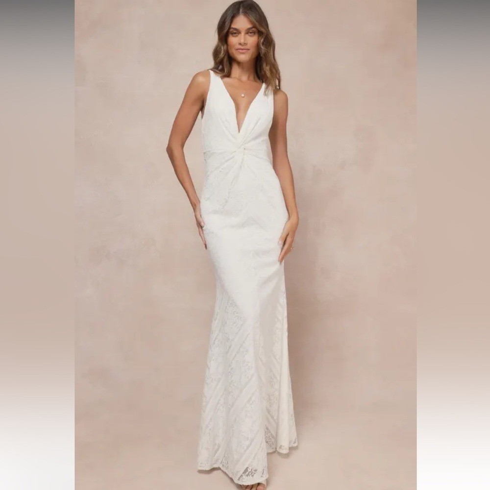 Adoring Attachment White Lace Twist-Front Sleeveless Dress