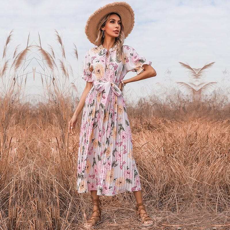 Ruffle Neck Pleated Dress