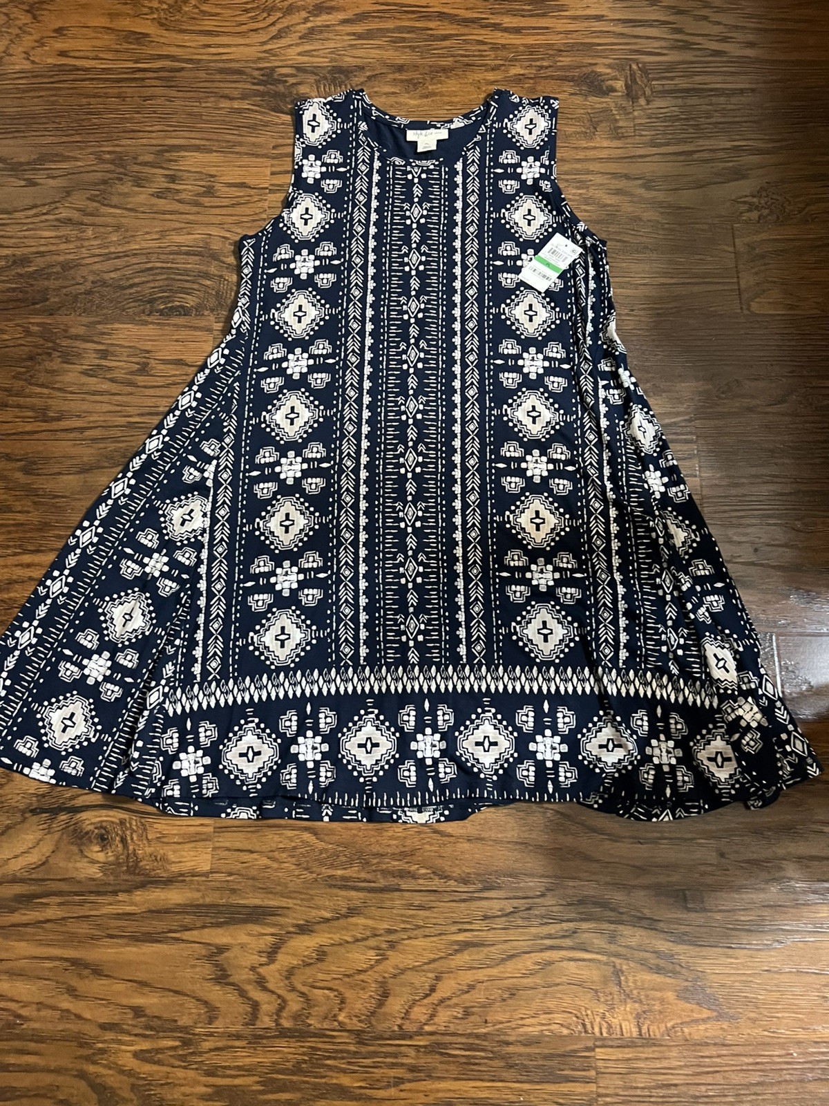 VTG Style & Co Women’s Sleeveless Dress SZ PL Rayon & Spandex Blue & Tan