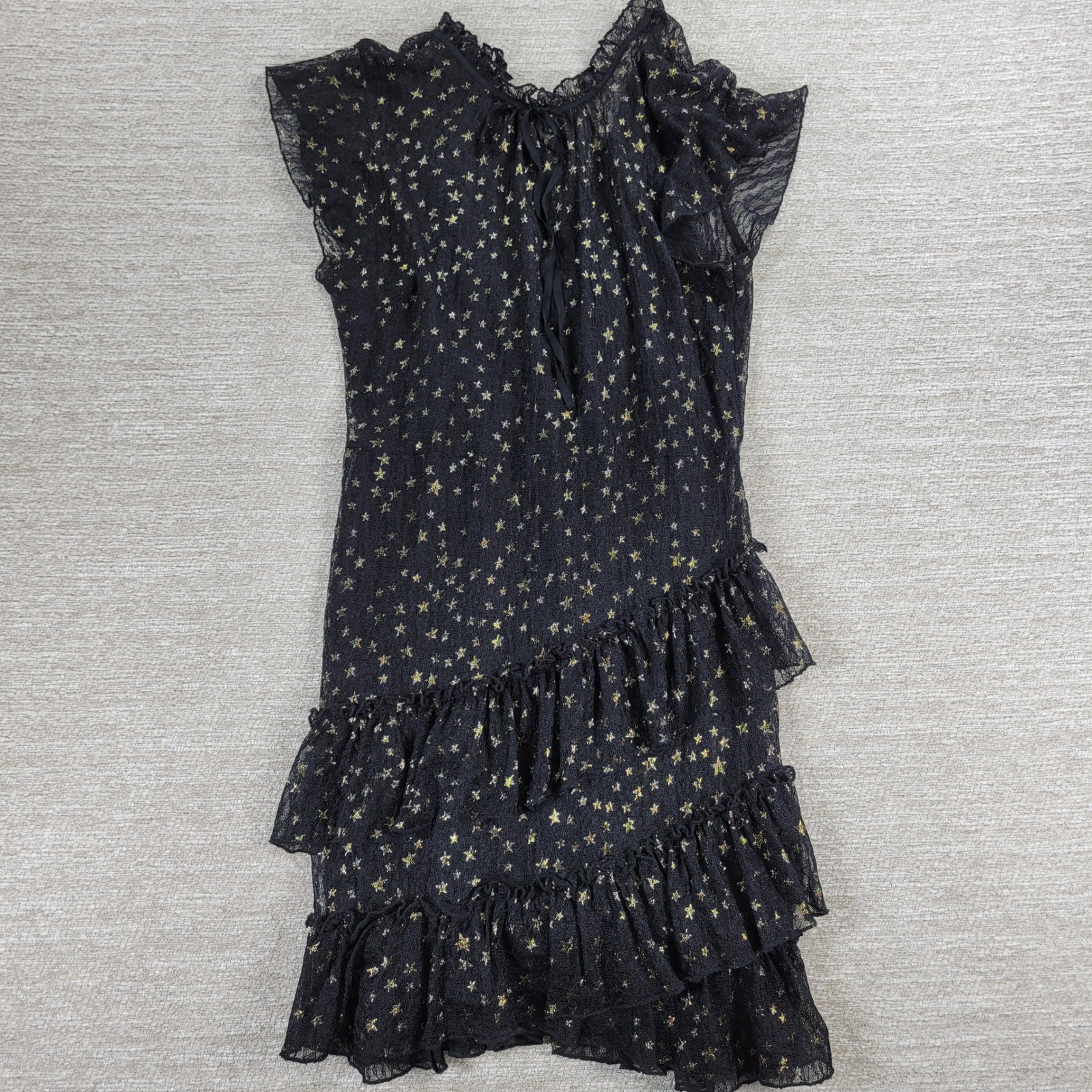 Lost + Wander Estella Metallic Ruffle Mini Dress S Black Sheer Celestial Stars